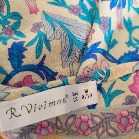 R Vivimos Boho Dress Vintage Print Birds Floral Empire Waist Midi Women Medium - Picture 10 of 11